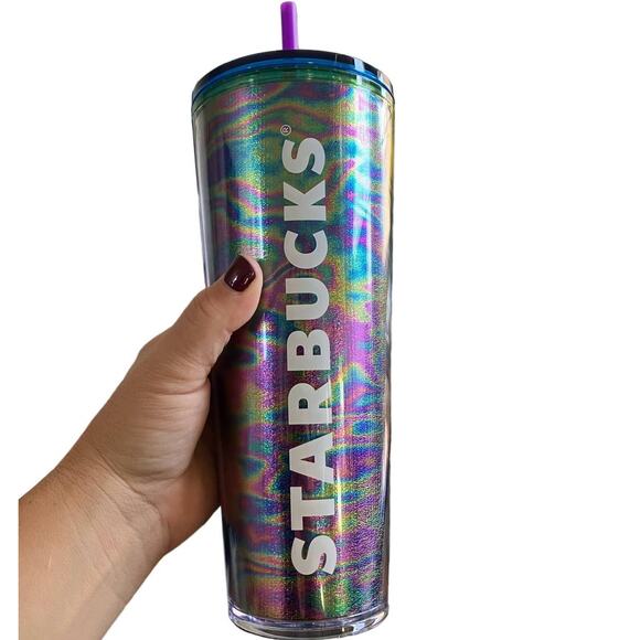 New Starbucks Purple Blue Green Chrome Swirl Venti Cup 24 oz - Picture 3 of 4